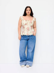 Floral Lace Trim Ruched Knotted Tank Top Curve & Plus