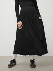 High Rise Ruffle Solid Pocket Maxi Skirt