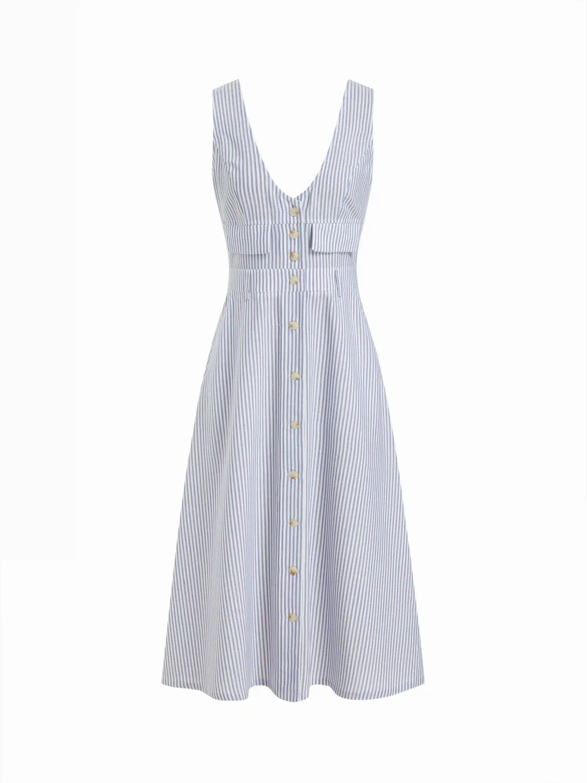 Linen-blend Stripe V-neck A-line Maxi Dress
