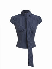 Striped Stand Collar Cut Out Blouse With Scarf