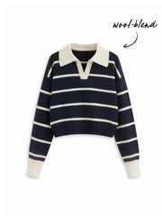 Knit Wool-blend Striped Collar Long Sleeve Top