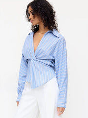 Cotton-blend Striped V-Neck Twist Knotted Long Sleeve Blouse