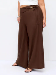 Linen-blend Mid Rise Wrap Wide Leg Trousers Curve & Plus