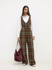 Tweed Plaid V-Neck Wide Leg Overalls