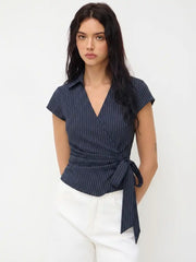 Cotton-blend Polo Neck Stripe Knotted Blouse