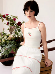 Linen-blend Fruit Embroidery Tiered Scalloped Midi Skirt