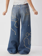 Cider Denim Low Rise Diamond & Lace Graphic Wide Leg Jeans With Hanging