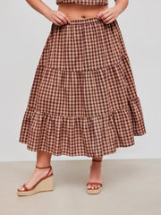 Cotton-blend Mid Rise Check Layered Maxi Skirt Curve & Plus