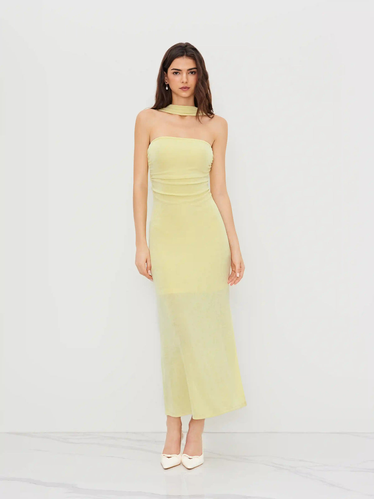 Halter Neckline Ruched Cut Out Back Maxi Dress