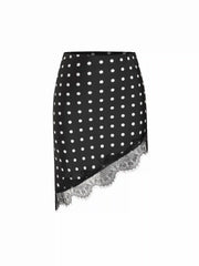 Satin Low Rise Polka Dot Lace Trim Asymmetrical Hem Mini Skirt