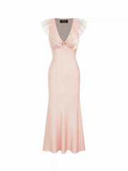 Satin V-neck Ruffle Rosette Low Rise Maxi Dress