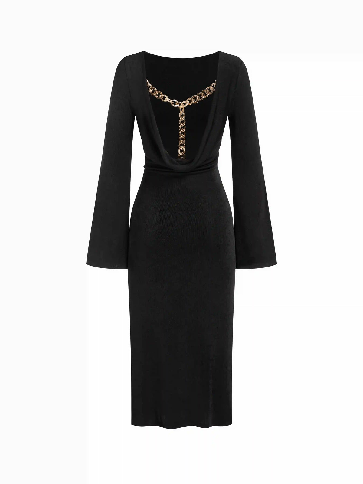 Boat Neck Bell Sleeve Backless Ruched Midi Dress With Chain Detail