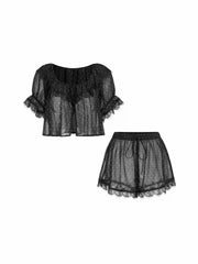Chiffon Polka Dot  Lace Trim Ruffled Crop Top & Shorts Loungewear Set