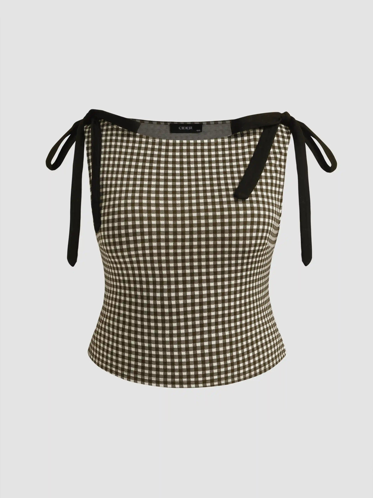 Cotton-blend Boat Neck Gingham Bowknot Tank Top Curve & Plus