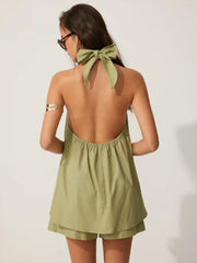 Linen-blend Halter Neck Twist Knotted Oversized Top & Mid Rise Shorts Set