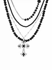 RHINESTONE DECOR CROSS & BEADED LAYERED NECKLACE