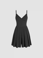 Solid V Neck Wide Leg Romper