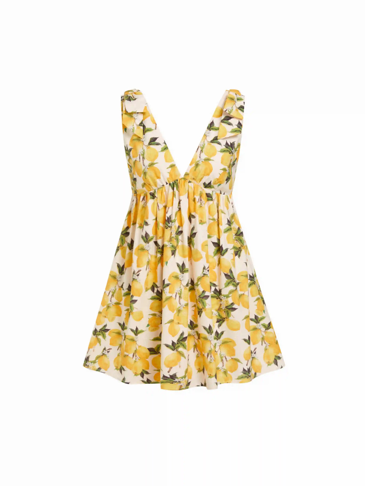 Cotton-blend Lemon Graphic V-neck Bowknot Babydoll Mini Dress