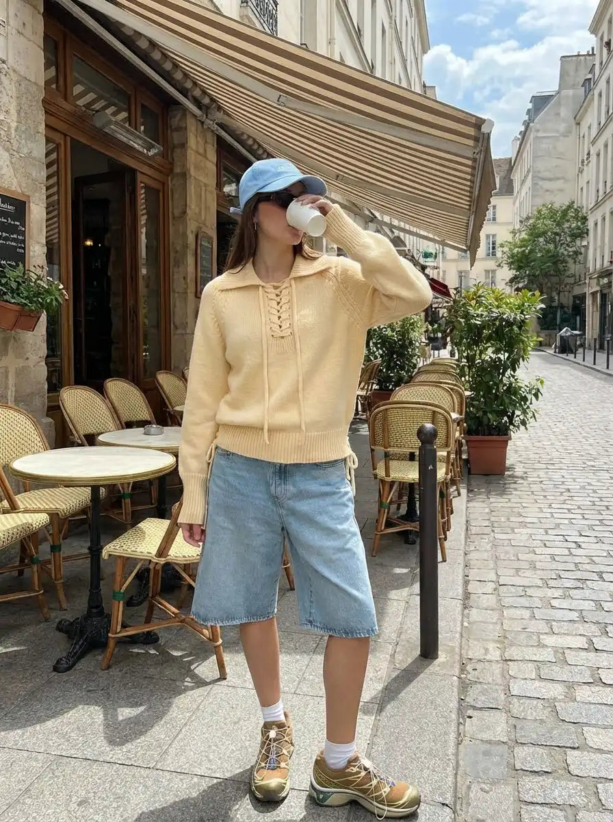 Knit Collar Long Sleeve Lace Up Drawstring Top