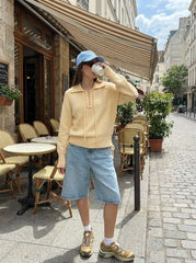 Knit Collar Long Sleeve Lace Up Drawstring Top