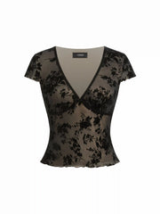 Textured Floral V-neck Lace Panel Crop Top