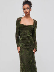 Jacquard Cowl Neck Floral Ruched Maxi Dress