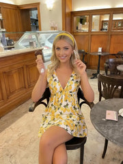 Cotton-blend Lemon Graphic V-neck Bowknot Babydoll Mini Dress