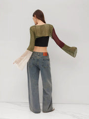 Knit Hollow Out Colorblock Crop Shrug