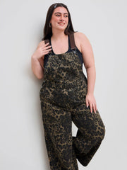 Denim Leopard Button Pocket Wide Leg Jumpsuit Curve & Plus