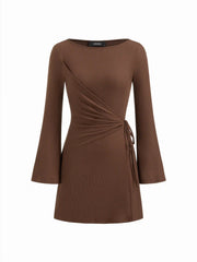 Boat Neck Wrap Ruched Knotted Bell Sleeve Mini Dress