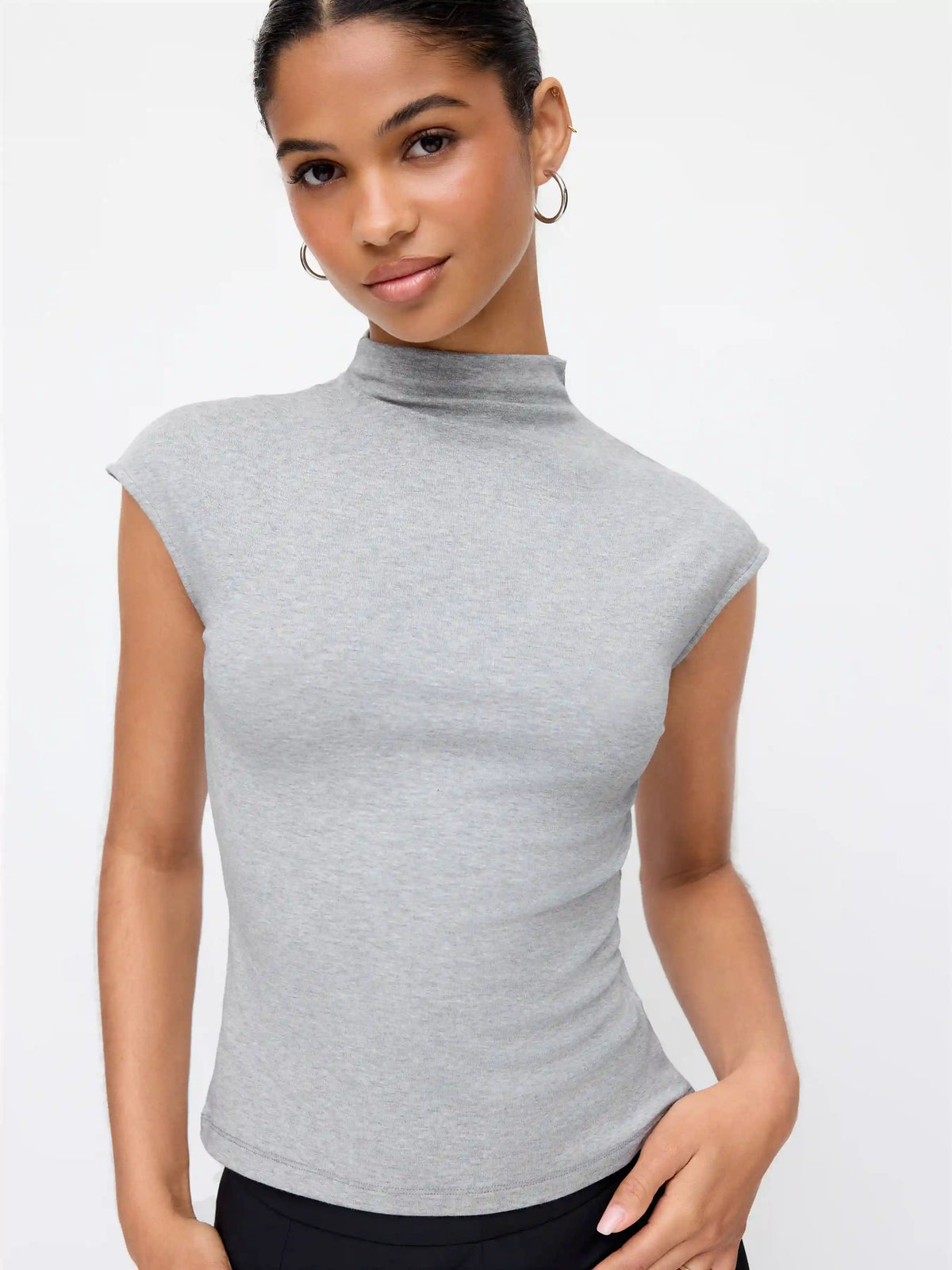 Cotton-blend Stand Collar Cap Sleeve Long Top