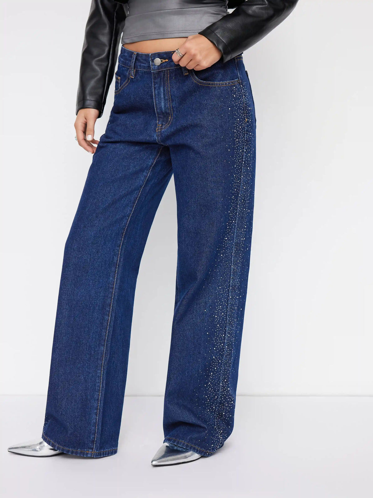 Cider Denim Low Rise Rhinestone Wide Leg Jeans