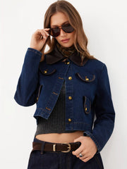 Washed Denim Faux Leather Collar Jacket