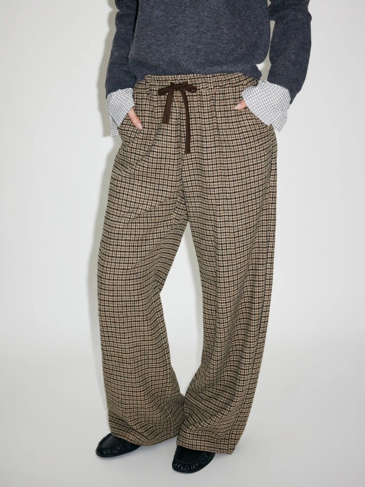 Jacquard Mid Rise Houndstooth Wide Leg Trousers