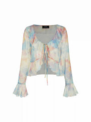 Chiffon Abstract V-Neck Ruffled Bell Sleeve Blouse