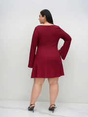 Sweetheart Knotted Texture Bell Sleeve Mini Dress Curve & Plus