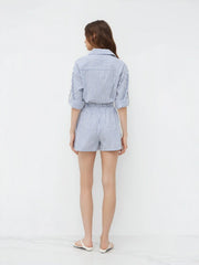 Cotton-blend Polo Neck Stripe Elastic Waist Knotted Romper