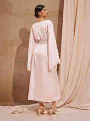 Satin Boat Neck Bell Sleeve Lace Panel Flared Maxi Dress