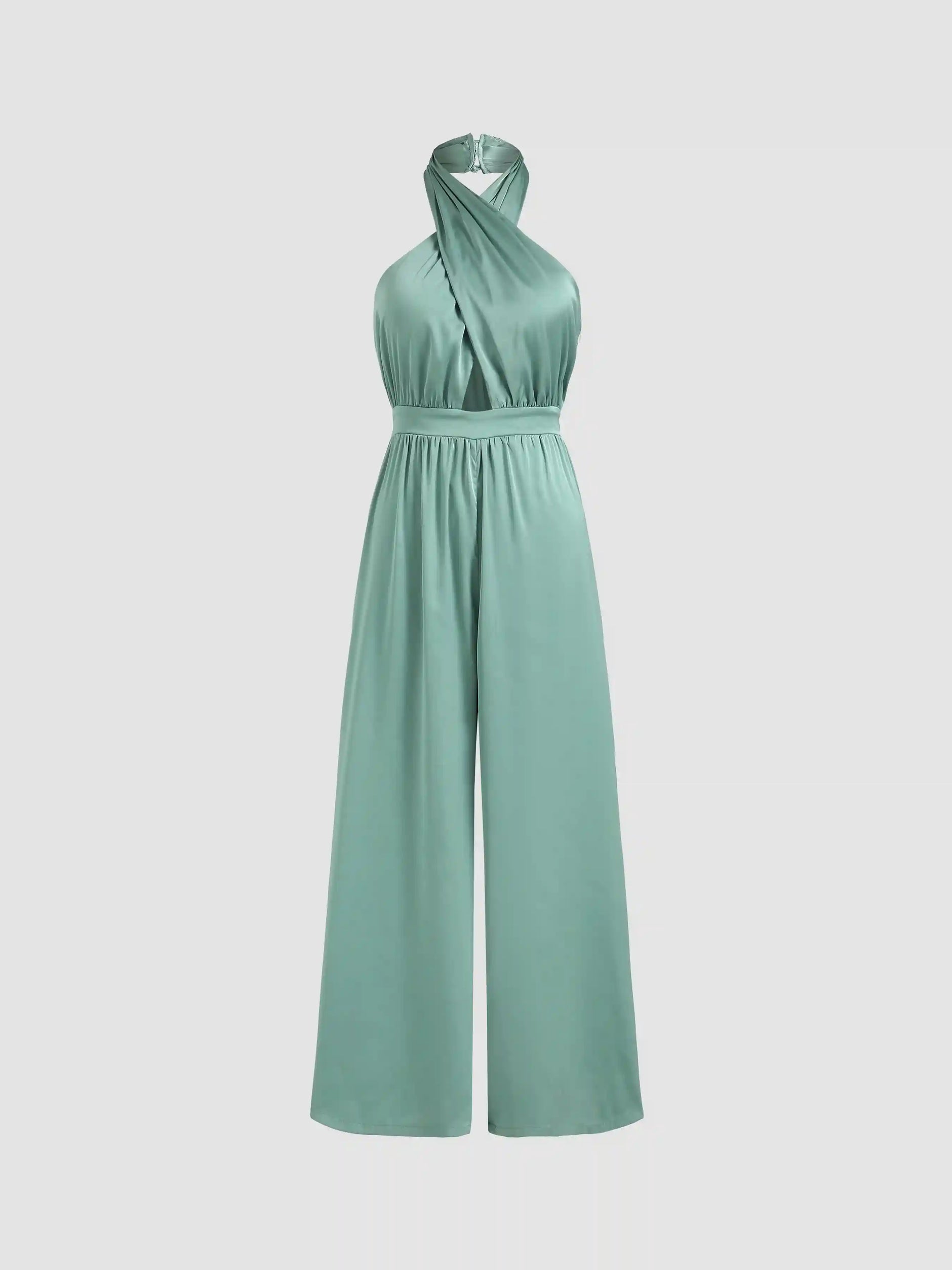 Solid Satin Cross Halter Jumpsuit