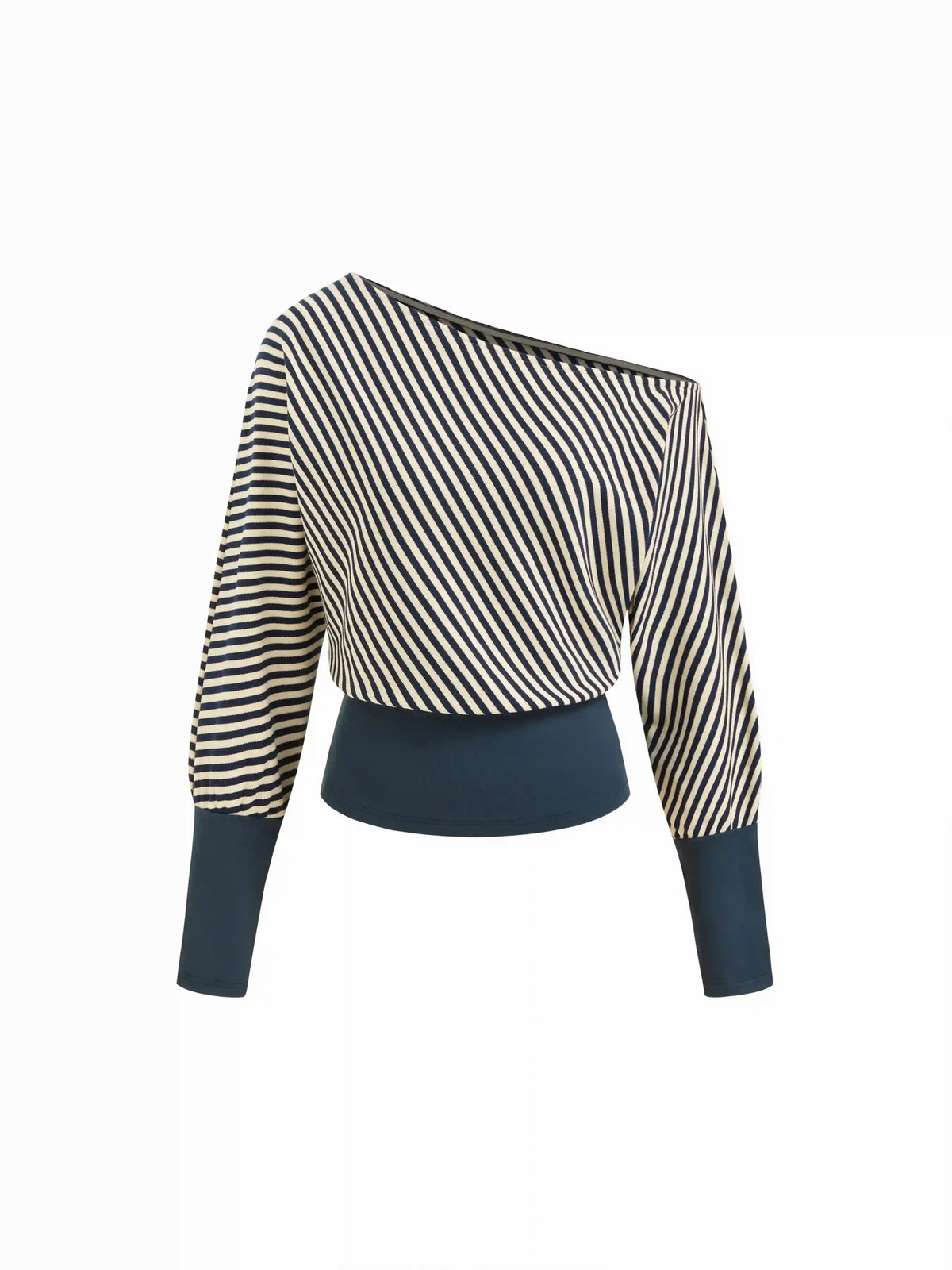 Cotton-blend Striped Asymmetrical Neck Long Sleeve Cinched Waist Top