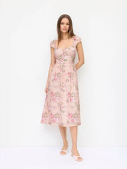 Eyelet Floral Sweetheart Neck Shirred Flared Midi Dress