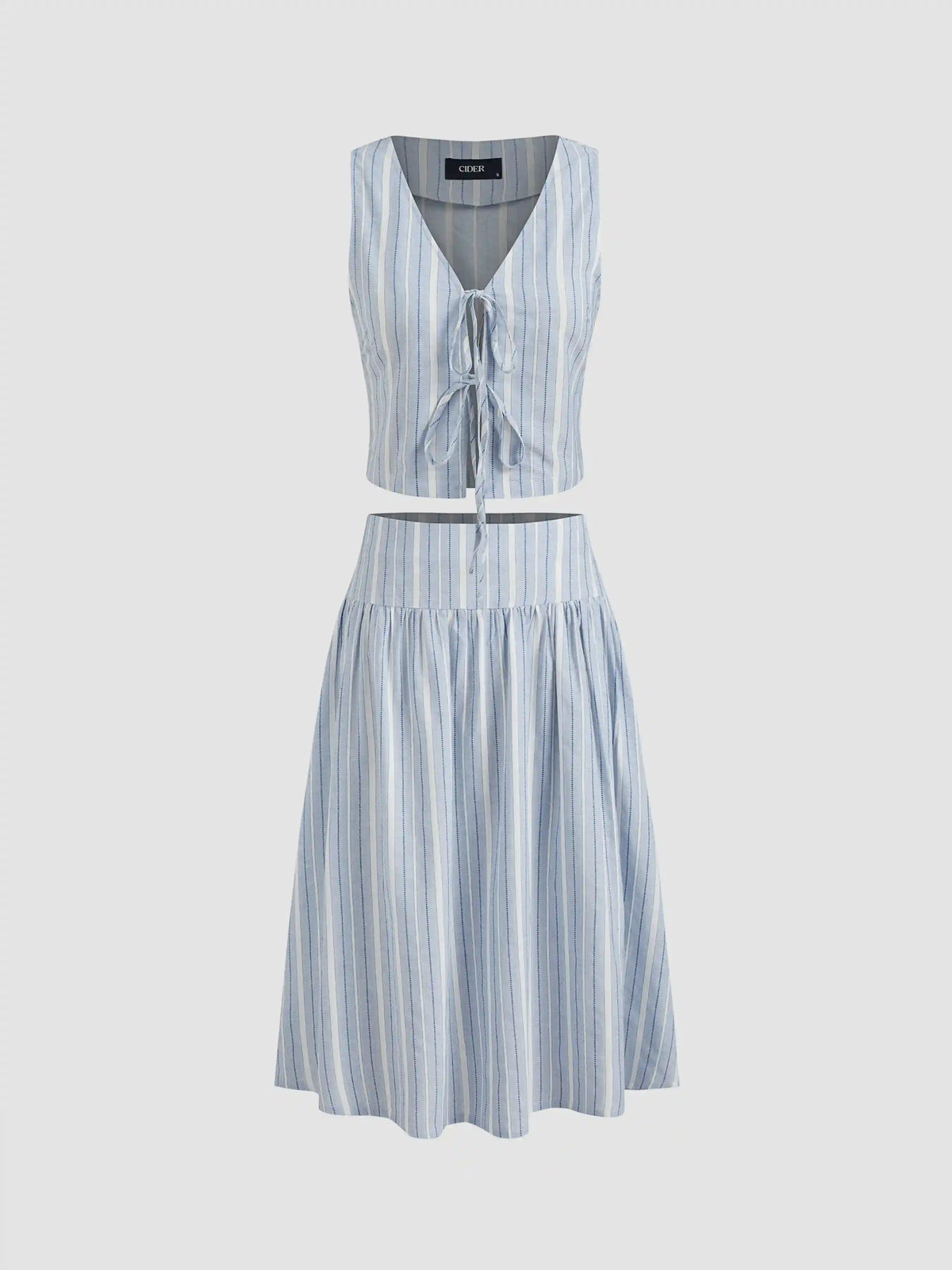 Cotton-blend V-neck Striped Tie Front Crop Vest & Mid Rise Striped Ruffle Midi Skirt