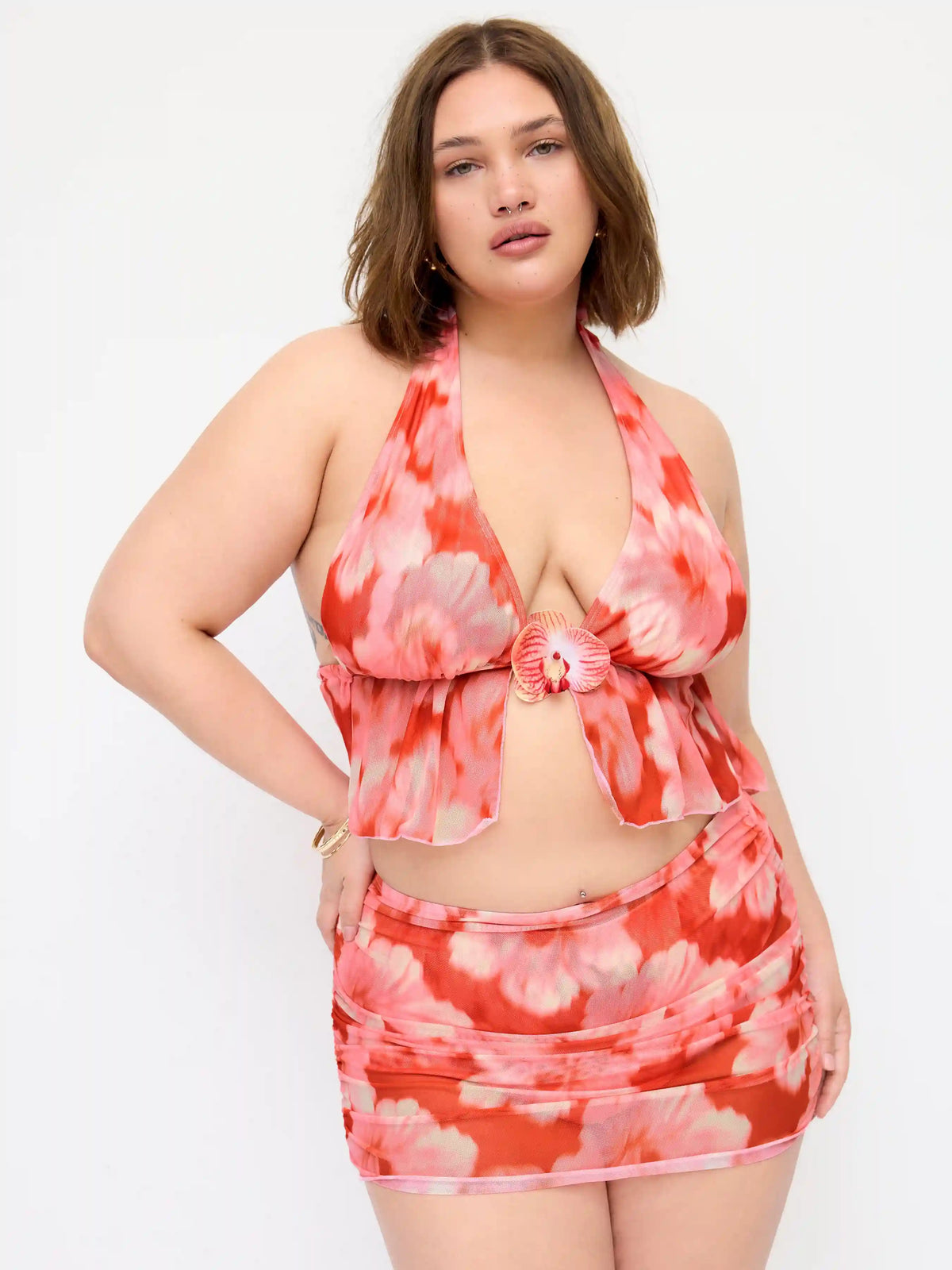 Floral Halter Neck Peplum Top & Mid Rise Shorts Bikini Set With Ruched Cover Up Skirt Curve & Plus
