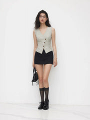 Cotton-blend V-neck Stripe Belted Waistcoat