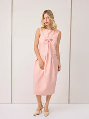 Tweed Boat Neck Bowknot Pleated Midi Dress