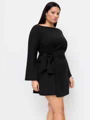 Boat Neck Bell Sleeve Tie Side Ruched Mini Dress Curve & Plus