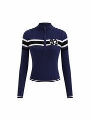 93 Knit High Neck Half Zip Contrasting Binding Top