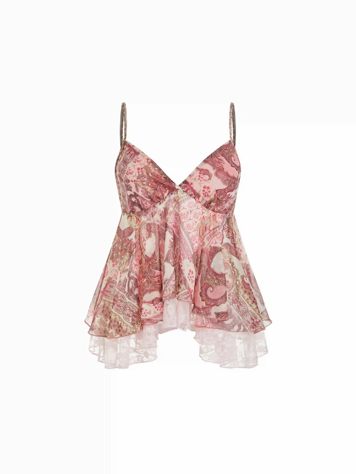 Chiffon Paisley Graphic V-neck Lace Panel Cami Blouse