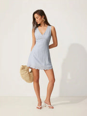 Linen-blend V-neck Scalloped Hem A-line Mini Dress