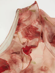 Chiffon Rose Pattern Ruffle Hem Asymmetrical Neck Dress